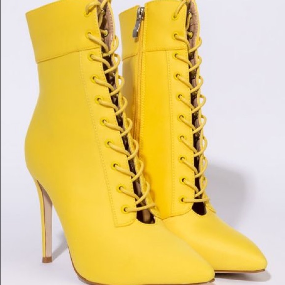 Azalea Wang Sunshine Yellow Victorian Inspired Lace Up Stiletto Booties - Picture 7 of 8